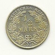 Kaiserreich 1/2 Mark Großer Adler 1919 J 900/1000 Silber Gewicht 2,78 Gramm