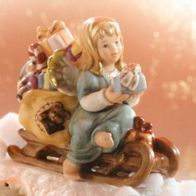 Goebel "Für wen ist das?" Engel auf Schlitten mit Geschenken Santa Claus seine Helfer