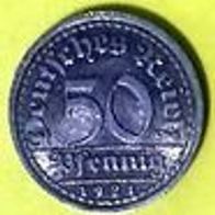 Zum Verkauf steht eine Münze 50 Pfennig 1921 F "sich regen bringt Segen"