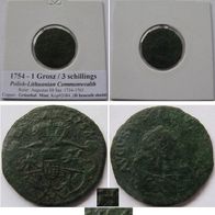 1754, Polish-Lithuanian Commonwealth - 1 grosz/3 schillings, Grünthal Mint (H)