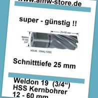 HSS Kernbohrer Weldon 12 bis 60mm Schnitttiefe 25mm HSS XE Kernlochbohrer TIP TO 