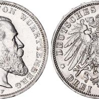 Württemberg Silbermünze 3 Mark 1914 F, König Wilhelm II. (1891-1918)