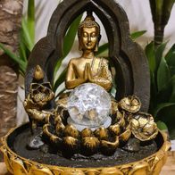Betender Thai Buddha Brunnen LED Glaskugel gold schwarz Neu