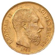 Belgien Goldmünze 6,45 g. Leopold II. 20 Francs 1868 vz/Stgl