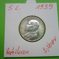 Vatikan 1939 5 Lire Silber beste Prägequalität