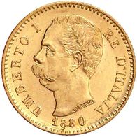 Italien KgR Goldmünze 6,45 g. 20 Lire 1880 R Umberto I. (1878-1900) Stgl./vz