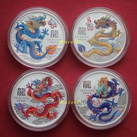 4 x 1 Oz Unze Australien Lunar III 2024 Drache Color Set II