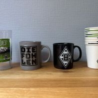 Borussia Mönchengladbach - 2 Tassen schwarz und grau + 1 Becher + 10 Partybecher