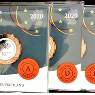 5 x 10 Euro Sammlermünzen BRD 2020 "Luft bewegt - An Land" A-J, PP, OVP im Blister