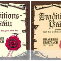 2 unterschiedliche Bieretiketten "Traditions-Bräu" Eisenacher Brauerei GmbH Eisenach
