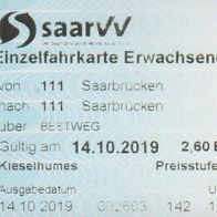 Fahrschein saarVV 002603 Saarbahn Einzelfahrkarte Erwachsene vom 14.10.2019