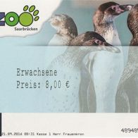 2016 Eintrittskarte mit Pinguinen Zoo Saarbrücken vom 21.09.2016