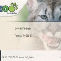 2019 Eintrittskarte mit Panther Zoo Saarbrücken vom 04.06.2019