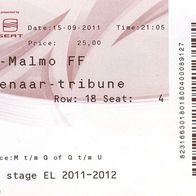 Ticket Alkmaar AZ - Malmö FF 15. 9. 2011 Nederland Sweden Sverige Europa League