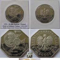 1992, Poland, 50 000 zlotych, Order of Military Valour, proof