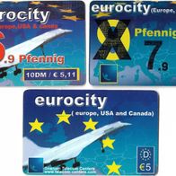 3 verschiedene Prepaid Telefonkarten - Eurocity , gebraucht und leer