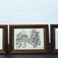 5 wunderschöne Tuschezeichnungen aus Südostasien, signiert, gerahmt