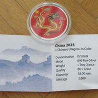 China - 10 Yuan Drache (Dragon) 2025 - 1 Oz Silber Color