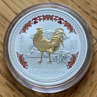 Lunar Serie I Hahn 2005 / 1 Oz Silber Münze Gilded / Color