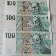 Tschechien - 3 Banknoten 100 Korun - 1997 - 2018 - UNC