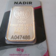 Silberbarren Nadir, 50g 999 Silber, Zertifikat, original