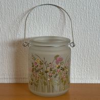 BOLTZE Glas-Windlicht mit Blumenmotiv + Metallgriff - Höhe 10 cm