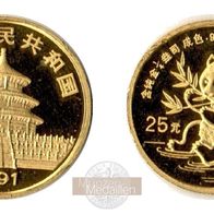 China Goldmünze 7,78 g. 1/4 Oz. 25 Yuan 1991 Pandabär aus PP, vz
