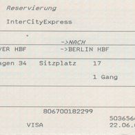 Fahrkarte DB 206017803 Platzreservierung Hannover - Berlin vom 16.07.2006
