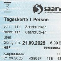 Fahrschein 438567 saarVV Saarbahn Einzel Tageskarte vom 21.09.2025