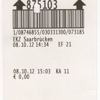 Parkticket 875103 EKZ Saarbrücken am 08.10.2012