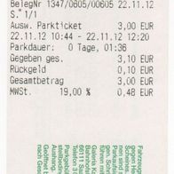 Parkticket 1347/0605/00605 Parkhaus Galeria Kaufhof Saarbrücken am 22.11.2012