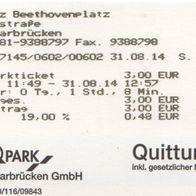Parkticket 7145/0602/00602 Parkplatz Beethovenplatz Saarbrücken am 31.08.2014