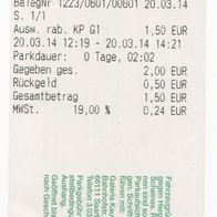 Parkticket 1223/0601/00601 Parkhaus Galeria Kaufhof Saarbrücken am 20.03.2014