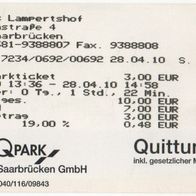 Parkticket 7234/0692/00692 Parkhaus Lampertshof Saarbrücken am 28.04.2010