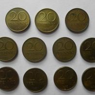 11 mal DDR 20 Pfennig ausgesucht aus dem Umlauf 1985,86,79,69,71,72,83,81,74,89,84
