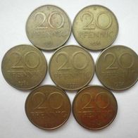7 x DDR 20 Pfennig 1985, 86, 83, 74, 71, 89, 69 und 84 aus Umlauf ausgesucht