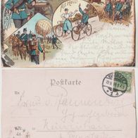 Litho Militär 1897 Artillerie Fesselballon Radfahrer Humorkarte