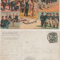 Gruss von der Musterung Litho AK 1906 Humorkarte mit Frauen geschr. an Gustav Köster