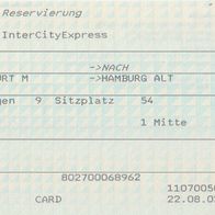 Fahrkarte DB 297798723 Platzreservierung ICE Frankfurt-Hamburg Altona 25.08.2002