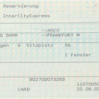 Fahrkarte DB 297798745 Platzreservierung ICE Hamburg Dammtor-Frankfurt vom 01.09.2002