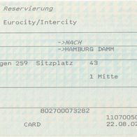 Fahrkarte DB 297798734 EC/ IC Platzreservierung Husum-Hamburg Dammtor vom 01.09.2002
