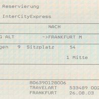 Fahrkarte DB Platzreservierung 807901124 Hamburg Altona-Frankfurt vom 25.09.2003