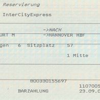 Fahrkarte DB 000873320 Platzreservierung Frankfurt-Hannover vom 07.10. 2004