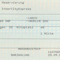 Fahrkarte DB 000873331 Platzreservierung Hannover-Berlin vom 08.10. 2004