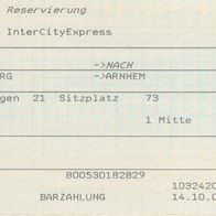Fahrkarte DB Platzreservierung 103764286 ICE Duisburg Arnhem NL vom 15.10. 2004