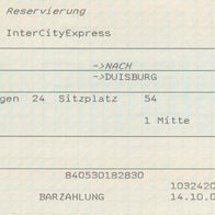 Fahrkarte DB 103764290 Platzreservierung ICE Arnhem NL Duisburg vom 15.10. 2004