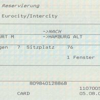 Fahrkarte DB Platzreservierung 997877602 Frankfurt - Hamburg Altona vom 09.09.2004