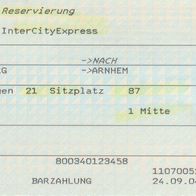 Fahrkarte DB 997996204 Platzreservierung ICE Duisburg-Arnheim NL vom 18.10.2004