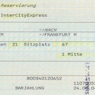 Fahrkarte DB Platzreservierung 997996215 Brüssel Frankfurt vom 21.10.2004