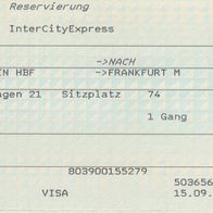Fahrkarte DB Dresden-Frankfurt Platzreservierung 763813794 vom 19.10.2005